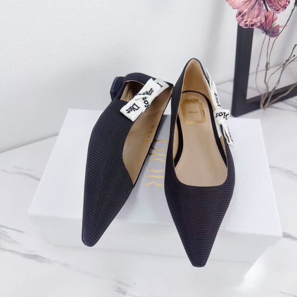 DIOR 26S SLINGBACK FLAT IN BLACK FABRIC WITH BOW