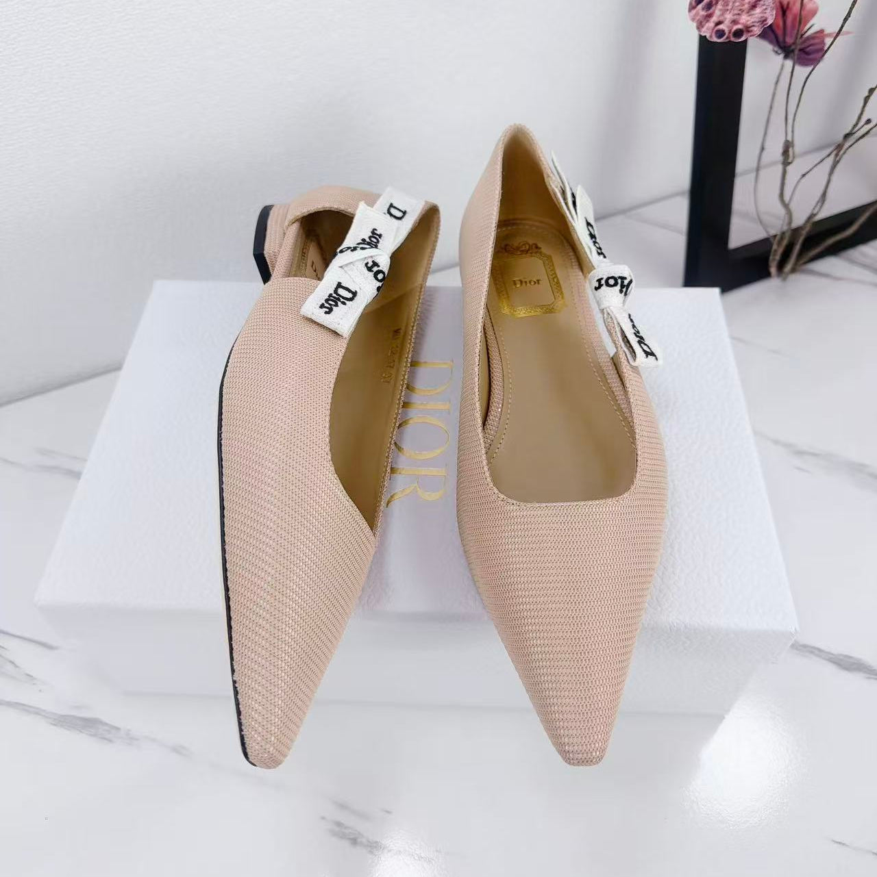 DIOR 26S SLINGBACK FLAT IN NUDE PINK FABRIC WITH BOW