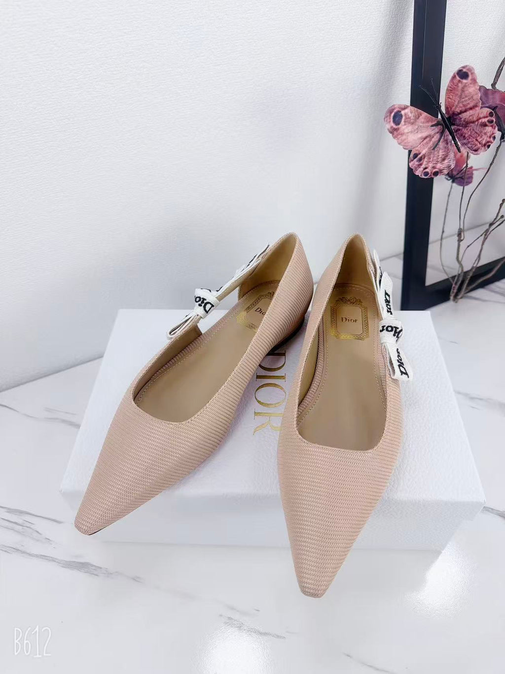 DIOR 26S SLINGBACK FLAT IN NUDE PINK FABRIC WITH BOW