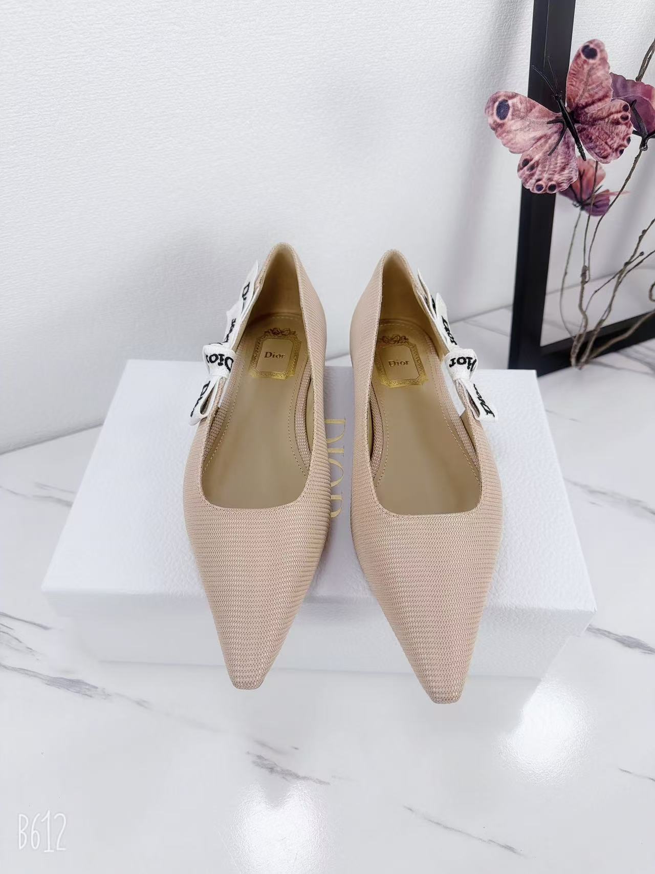 DIOR 26S SLINGBACK FLAT IN NUDE PINK FABRIC WITH BOW