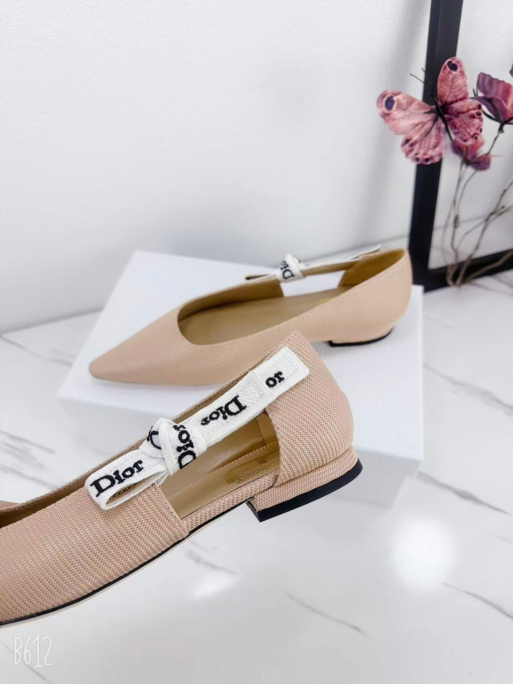 DIOR 26S SLINGBACK FLAT IN NUDE PINK FABRIC WITH BOW