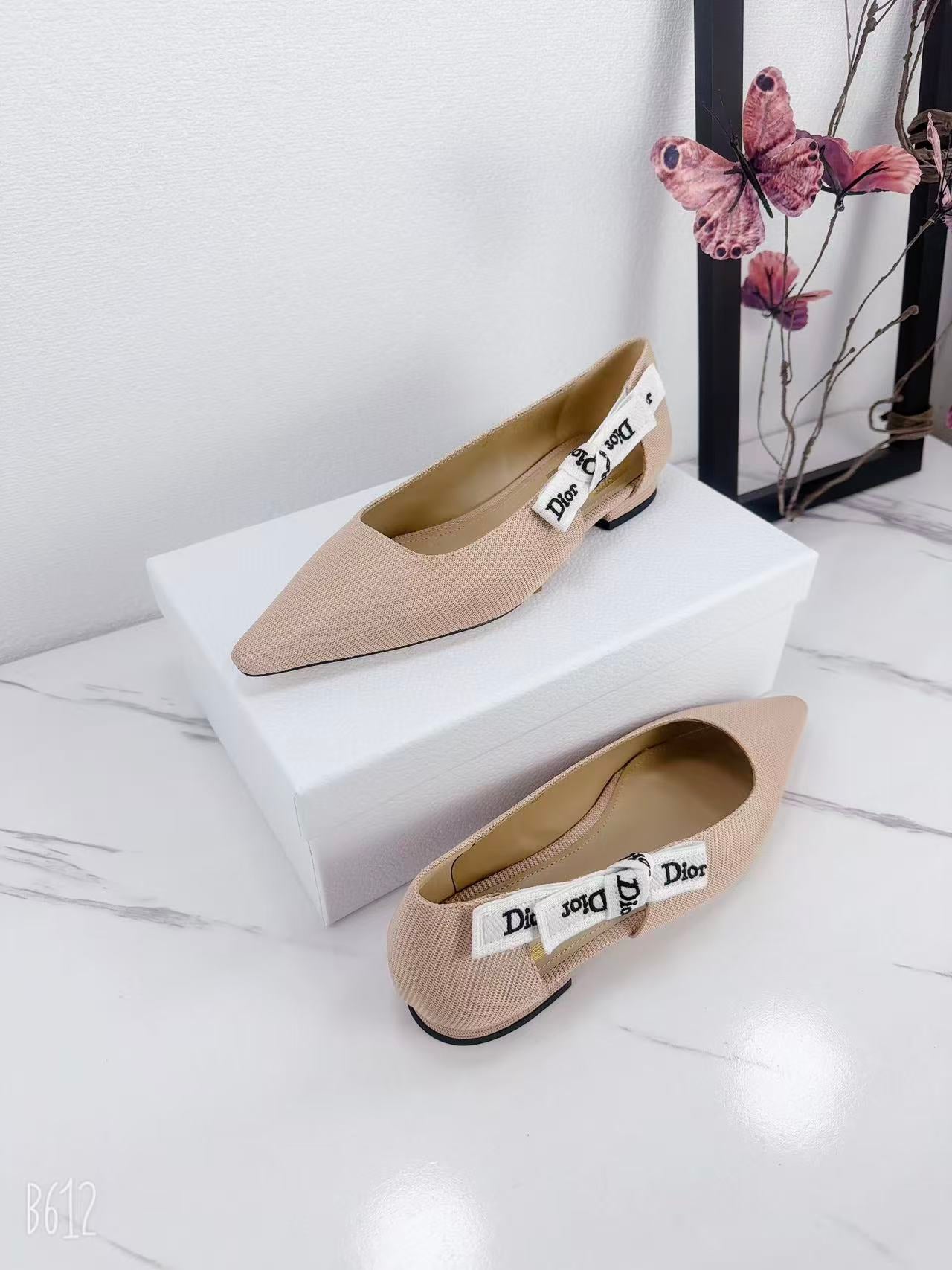 DIOR 26S SLINGBACK FLAT IN NUDE PINK FABRIC WITH BOW