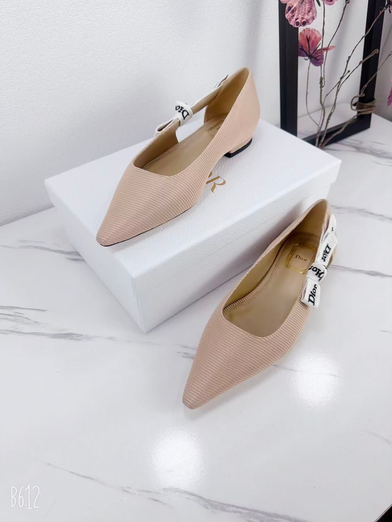 DIOR 26S SLINGBACK FLAT IN NUDE PINK FABRIC WITH BOW