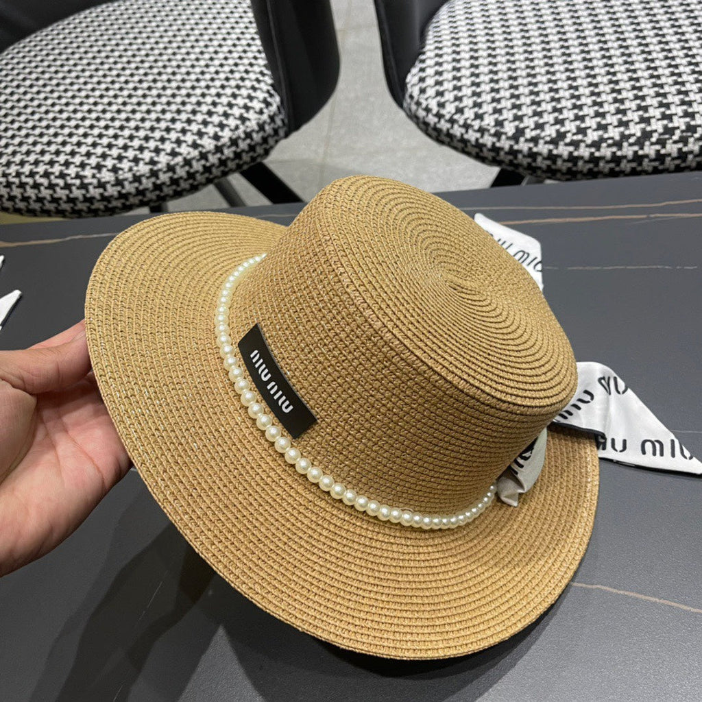 MIUMIU SMALL-BRIM STRAW HAT IN BEIGE AND PEARL EMBELLISHED