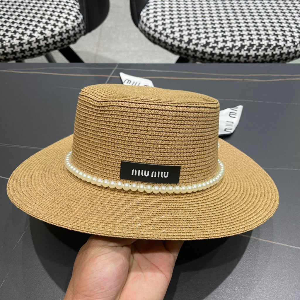 MIUMIU SMALL-BRIM STRAW HAT IN BEIGE AND PEARL EMBELLISHED