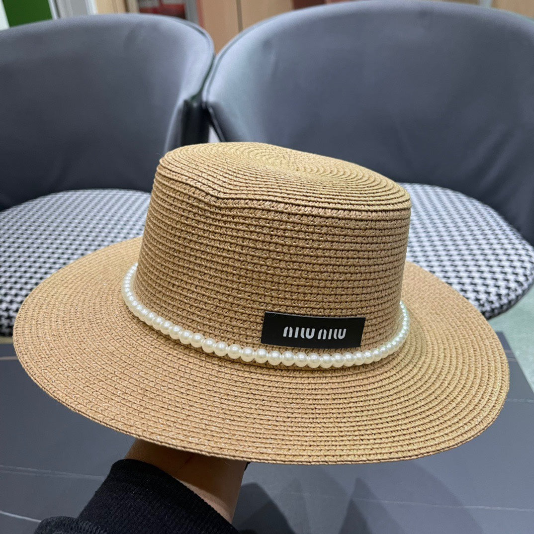MIUMIU SMALL-BRIM STRAW HAT IN BEIGE AND PEARL EMBELLISHED