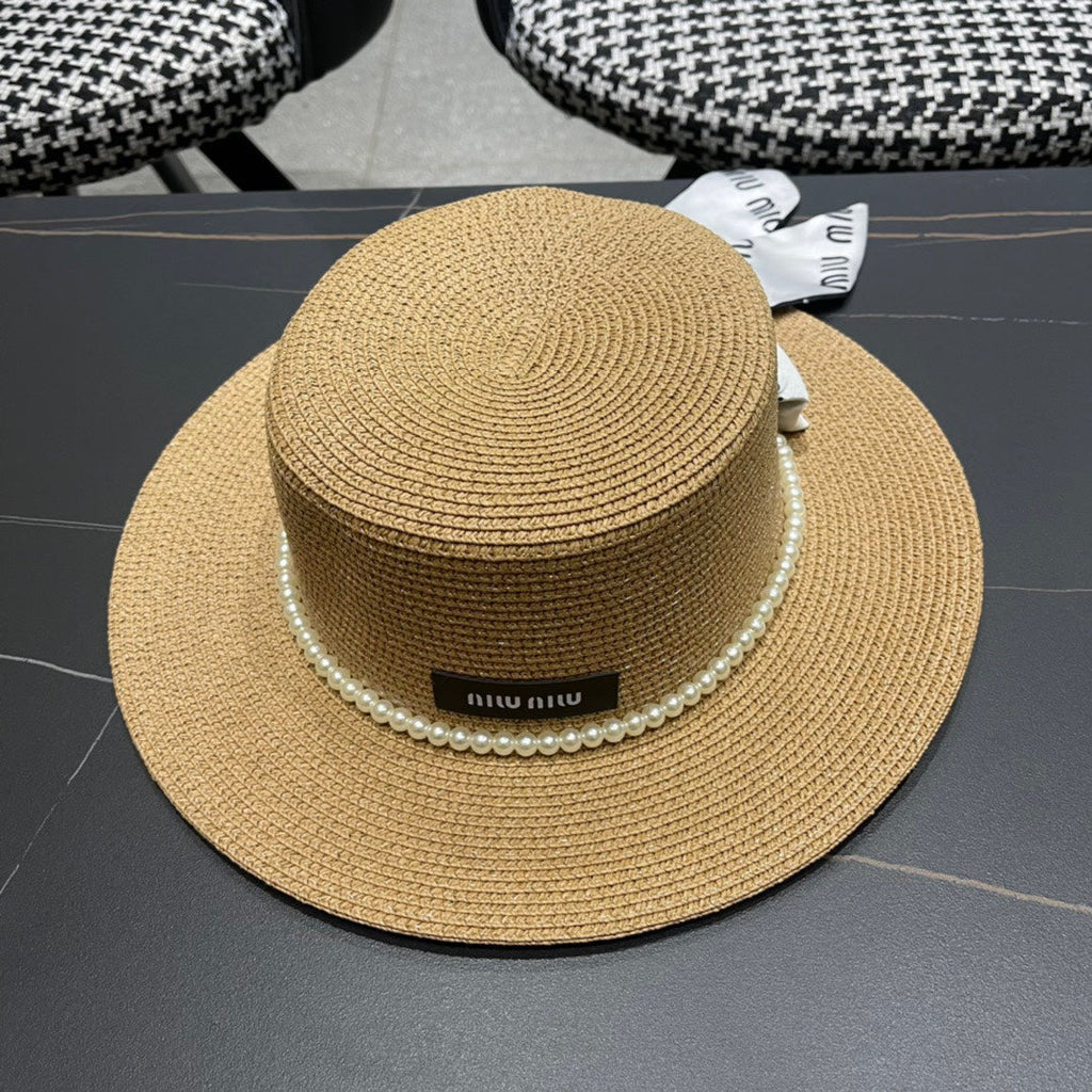 MIUMIU SMALL-BRIM STRAW HAT IN BEIGE AND PEARL EMBELLISHED