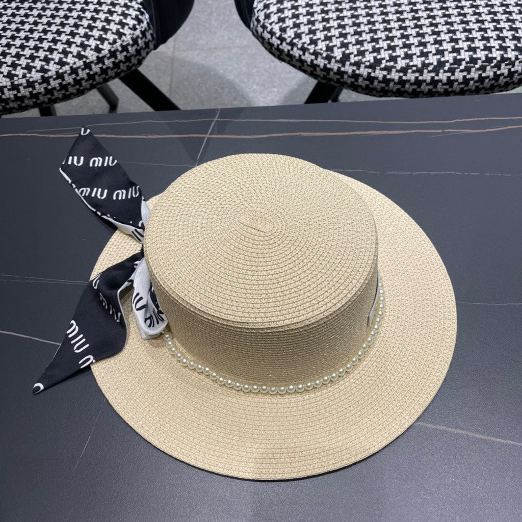 MIUMIU SMALL-BRIM STRAW HAT IN LIGHT BEIGE AND PEARL EMBELLISHED