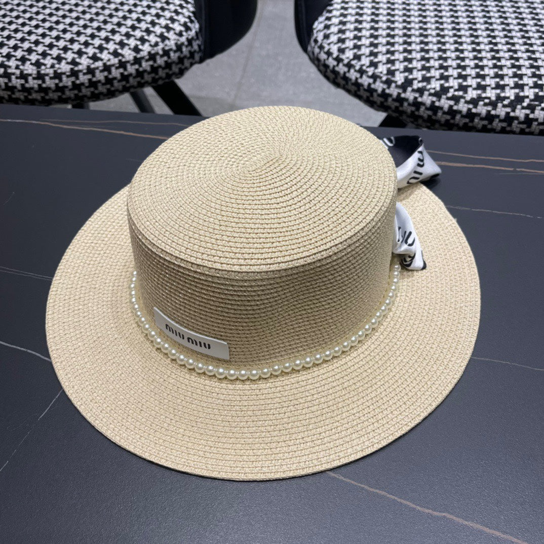 MIUMIU SMALL-BRIM STRAW HAT IN LIGHT BEIGE AND PEARL EMBELLISHED