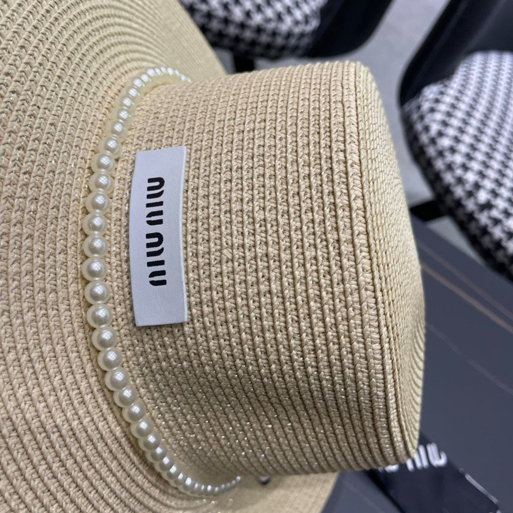MIUMIU SMALL-BRIM STRAW HAT IN LIGHT BEIGE AND PEARL EMBELLISHED