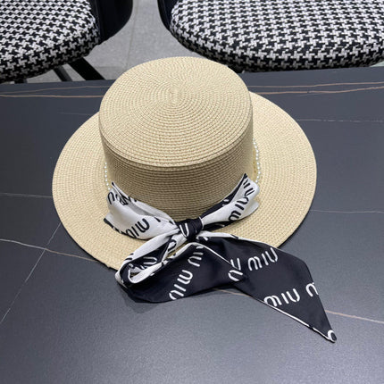 MIUMIU SMALL-BRIM STRAW HAT IN LIGHT BEIGE AND PEARL EMBELLISHED