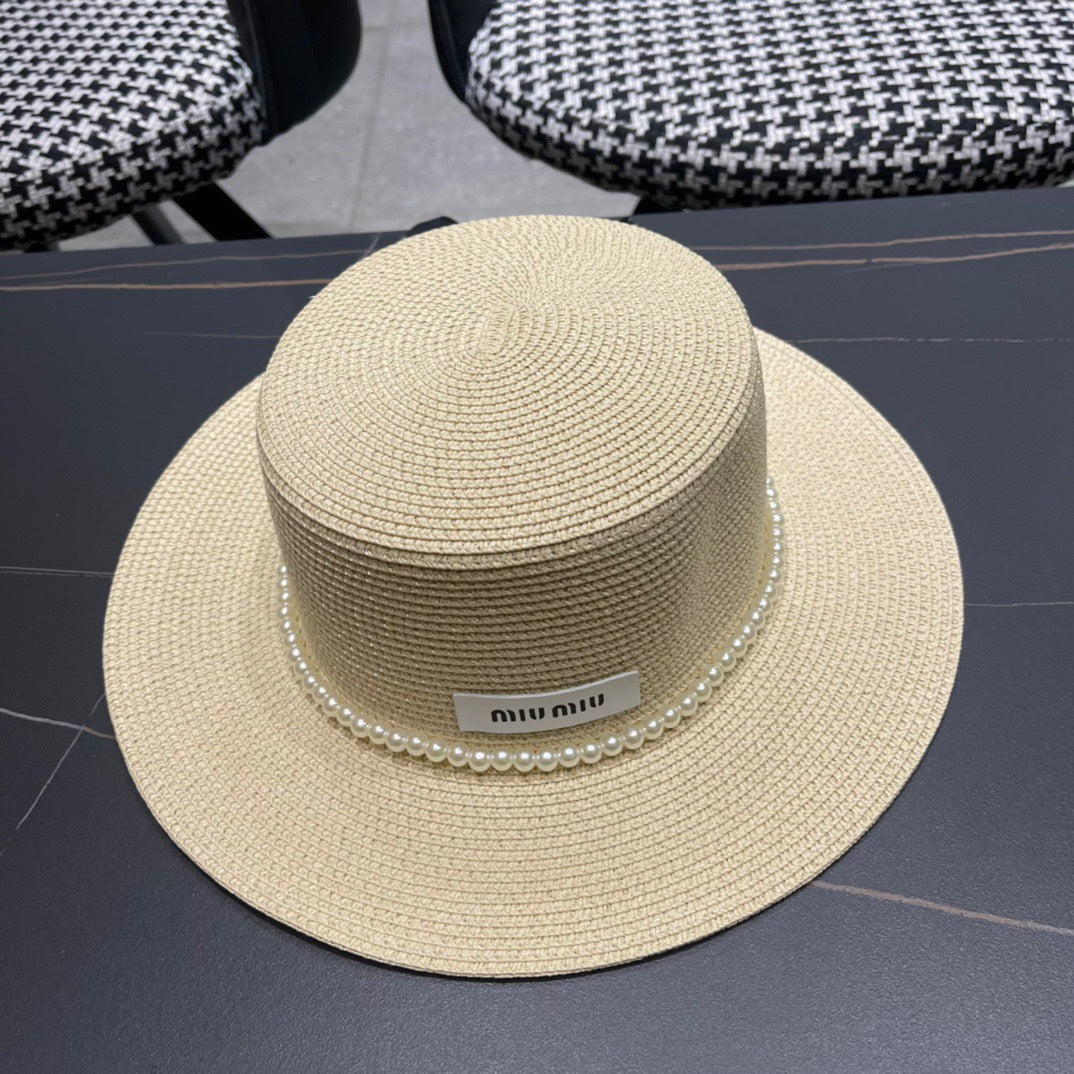 MIUMIU SMALL-BRIM STRAW HAT IN LIGHT BEIGE AND PEARL EMBELLISHED