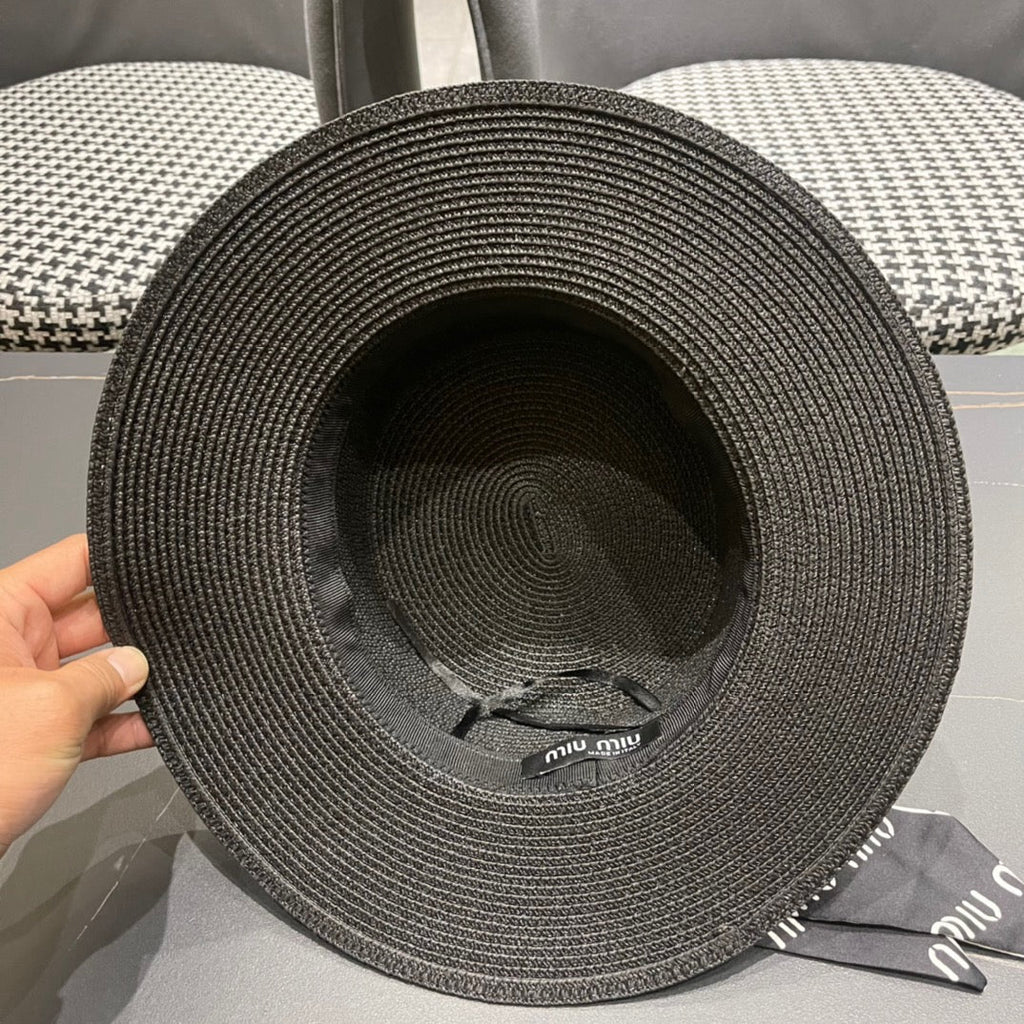 MIUMIU SMALL-BRIM STRAW HAT IN BLACK AND PEARL EMBELLISHED