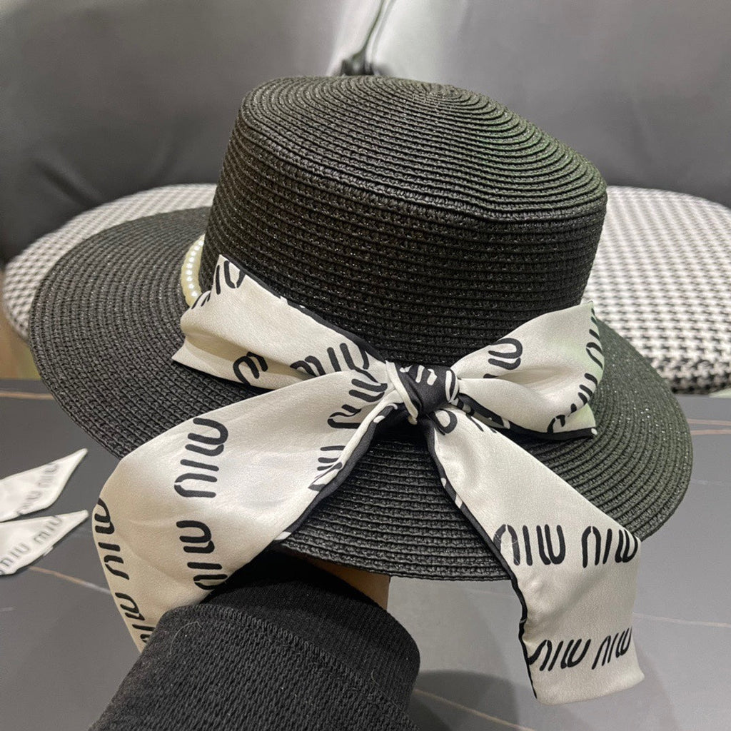 MIUMIU SMALL-BRIM STRAW HAT IN BLACK AND PEARL EMBELLISHED