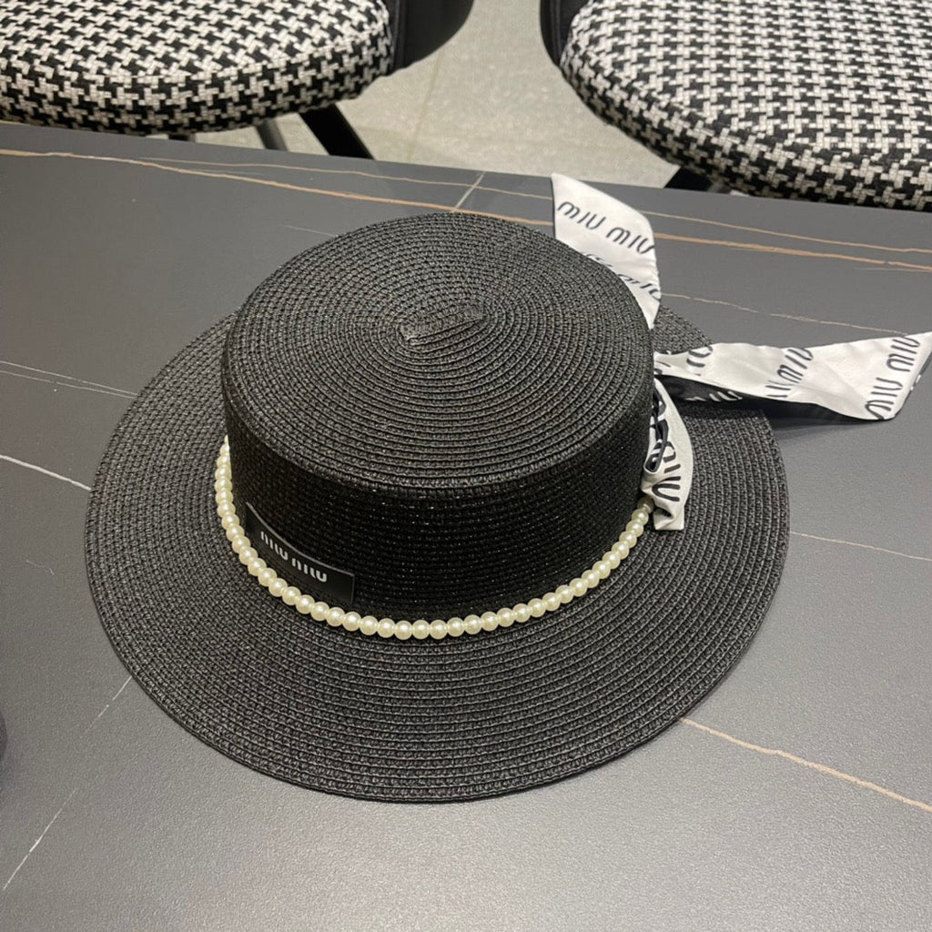 MIUMIU SMALL-BRIM STRAW HAT IN BLACK AND PEARL EMBELLISHED