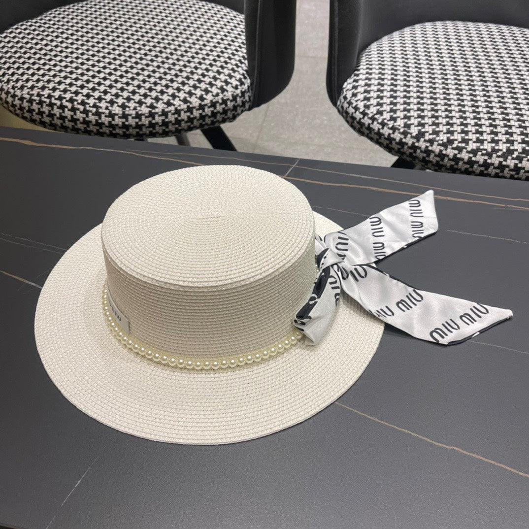 MIUMIU SMALL-BRIM STRAW HAT IN CREAM WHITE AND PEARL EMBELLISHED