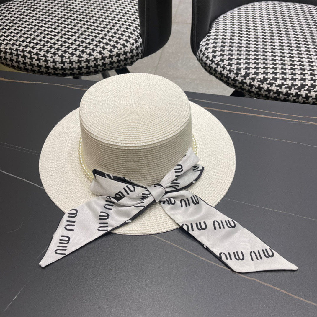 MIUMIU SMALL-BRIM STRAW HAT IN CREAM WHITE AND PEARL EMBELLISHED