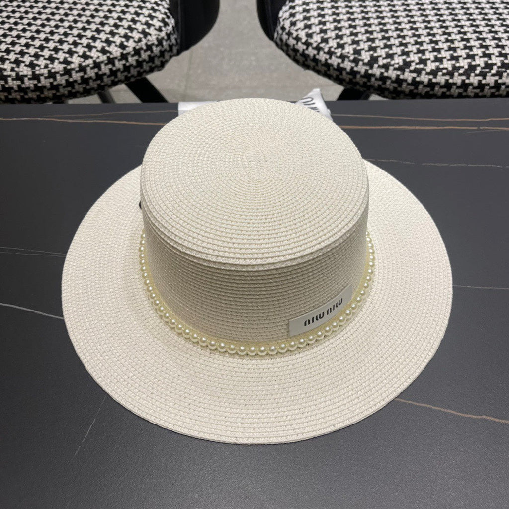 MIUMIU SMALL-BRIM STRAW HAT IN CREAM WHITE AND PEARL EMBELLISHED