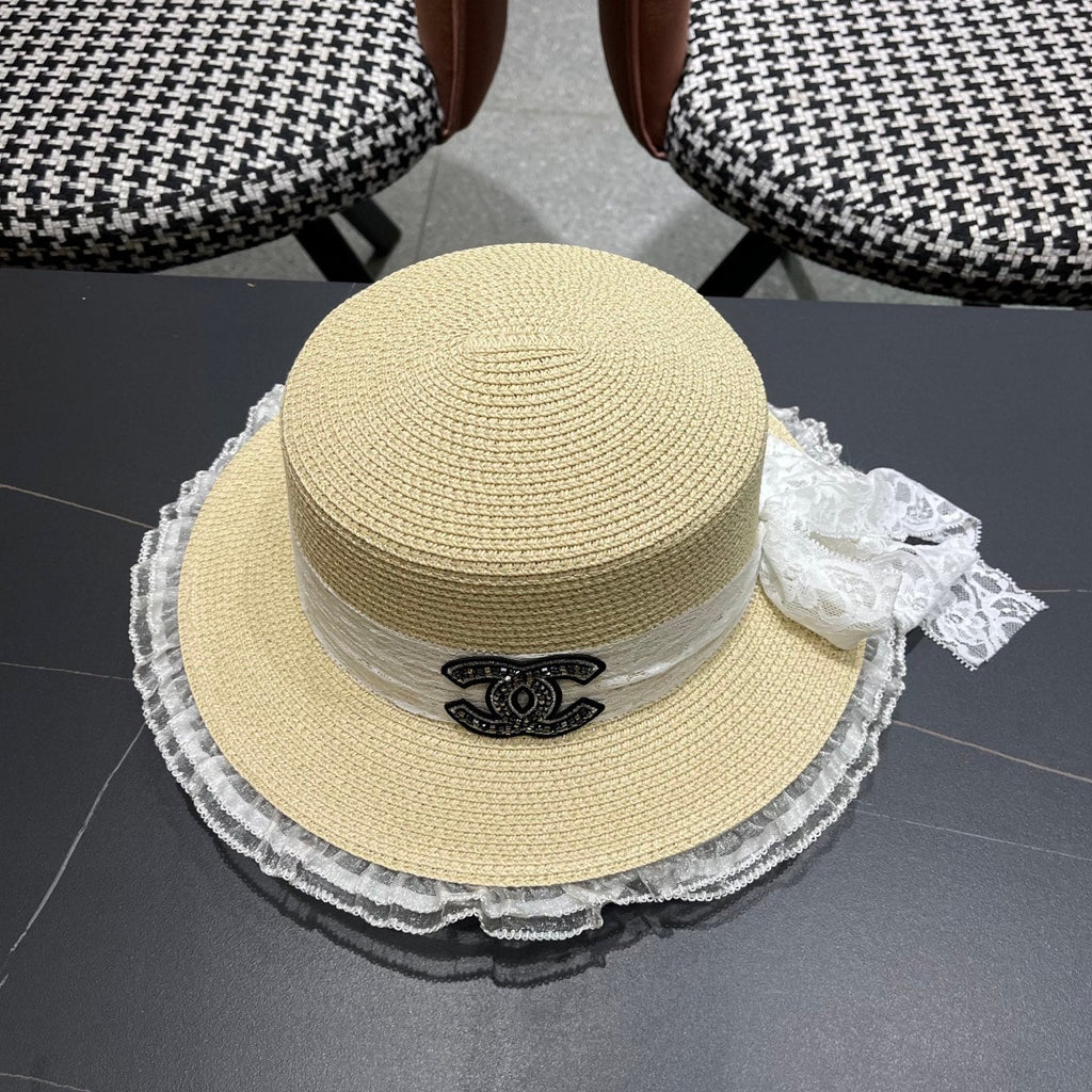 CHANEL 26S LACE & FLORAL TRIM STRAW HAT 337936
