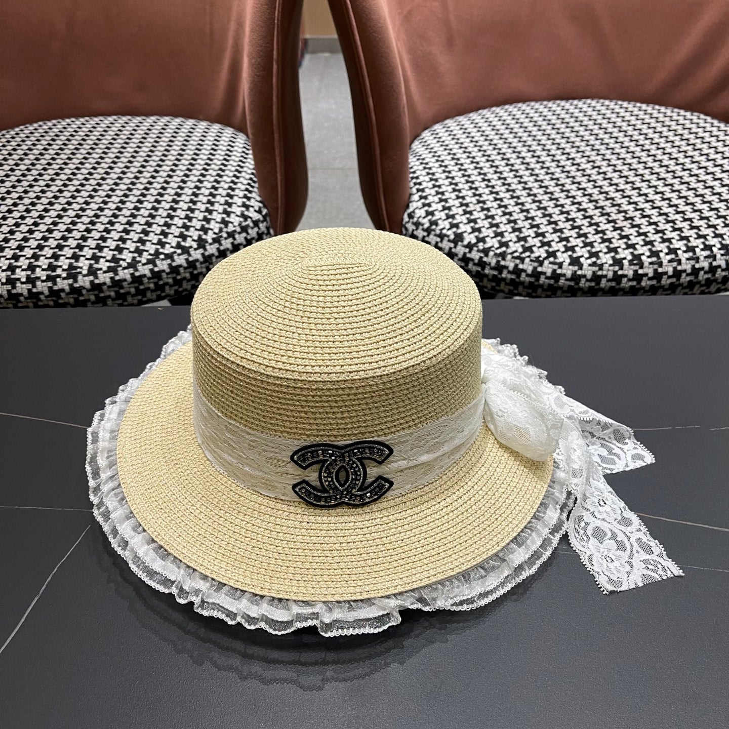 CHANEL 26S LACE & FLORAL TRIM STRAW HAT 337936