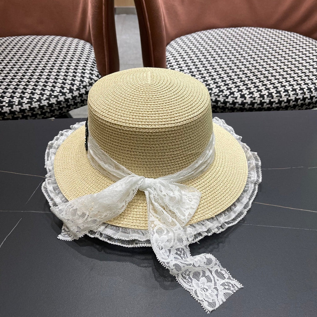 CHANEL 26S LACE & FLORAL TRIM STRAW HAT 337936