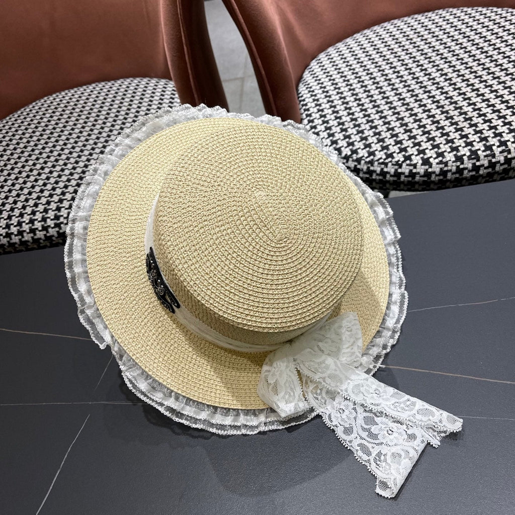 CHANEL 26S LACE & FLORAL TRIM STRAW HAT 337936
