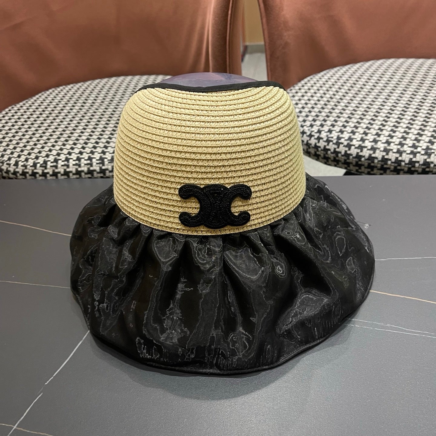 CELINE 26S STRAW CROWN RUFFLE-BRIM SUN HAT STYLE 112