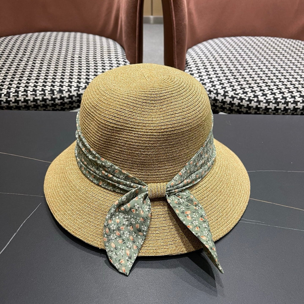 CHANEL 26S FLORAL RIBBON STRAW CLOCHE HAT 335747