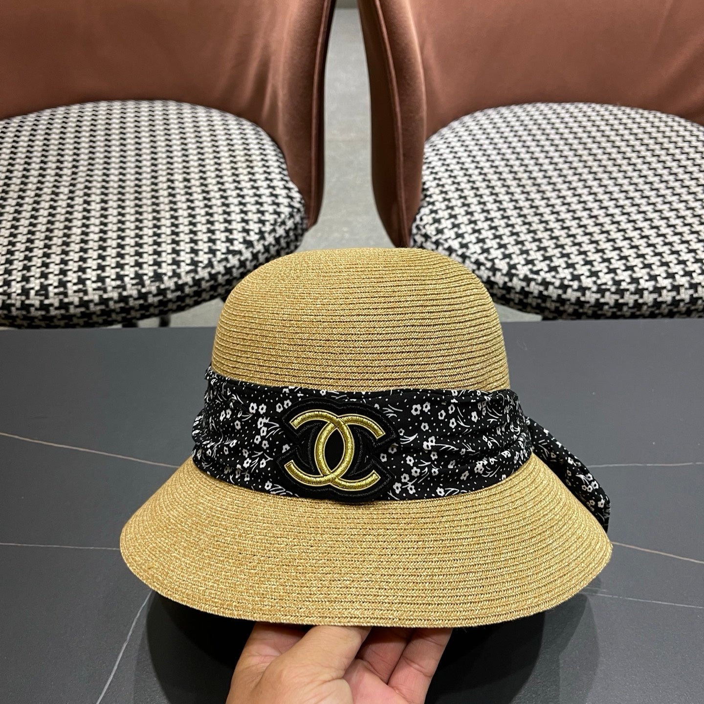 CHANEL 26S FLORAL RIBBON STRAW CLOCHE HAT 335746