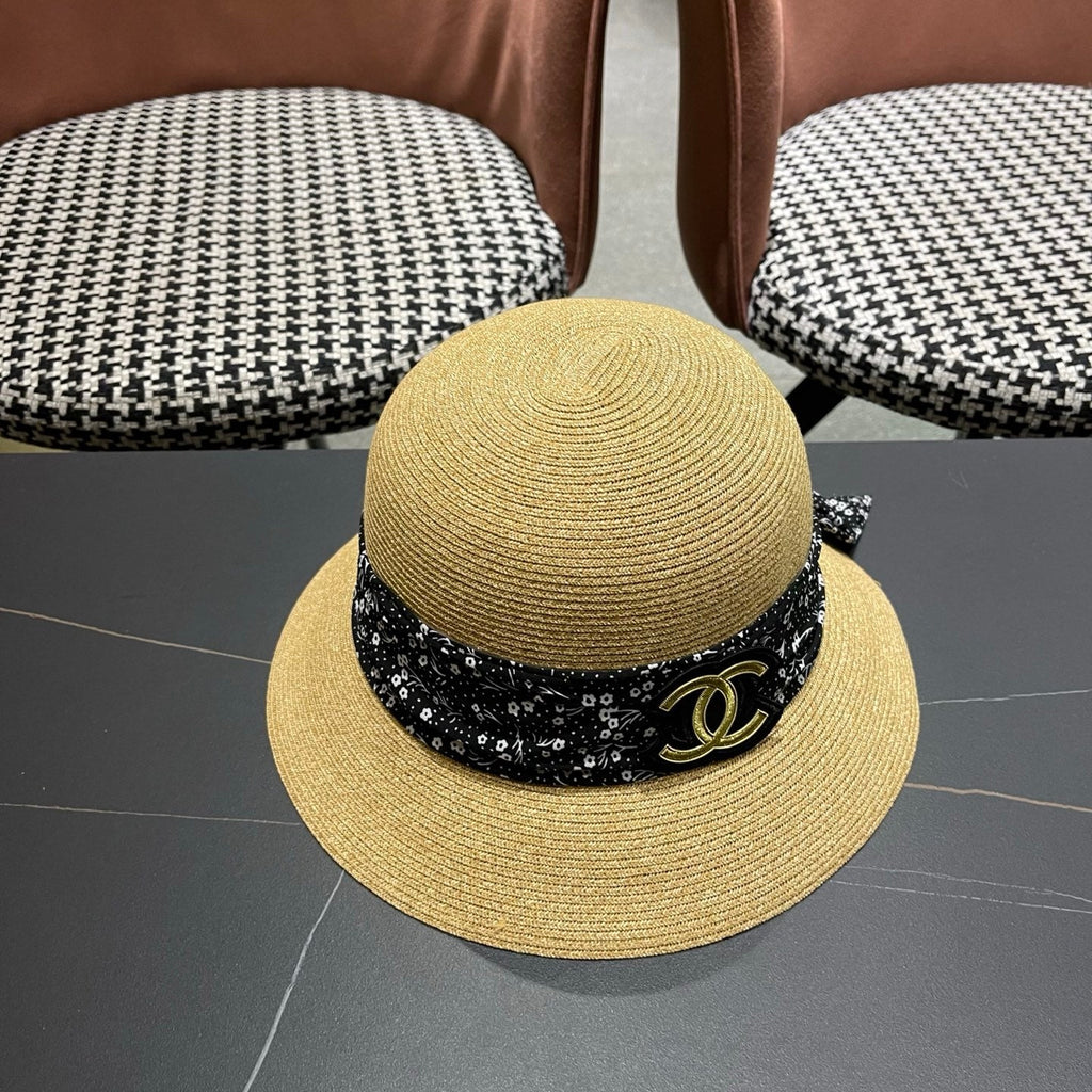 CHANEL 26S FLORAL RIBBON STRAW CLOCHE HAT 335746