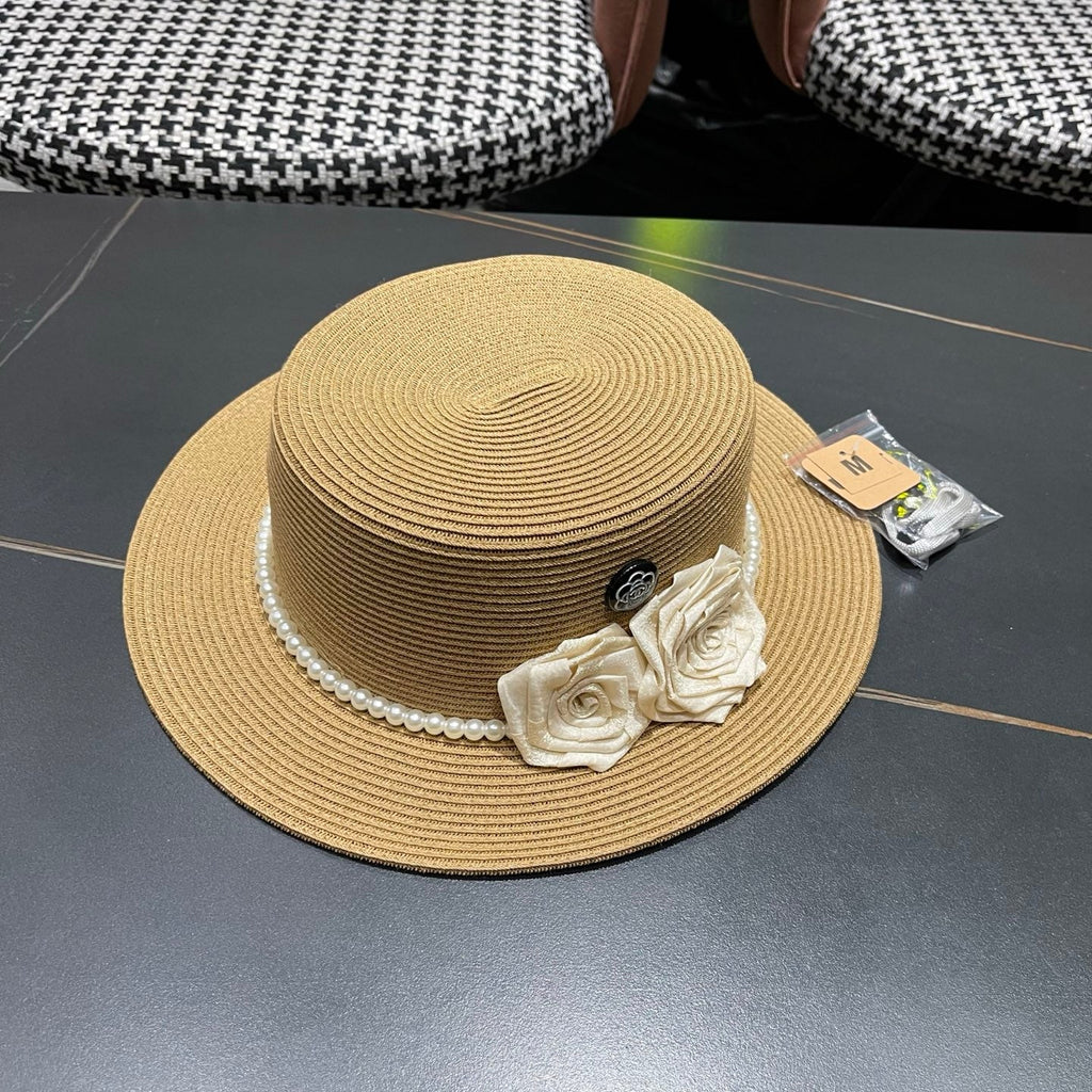 CHANEL 26S PEARL & ROSETTE STRAW BOATER HAT 337932
