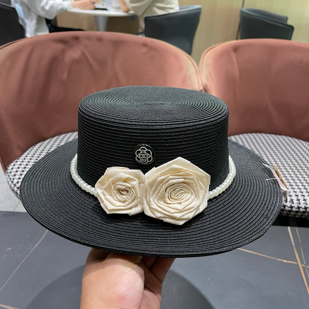 CHANEL 26S PEARL & ROSETTE STRAW BOATER HAT 337934