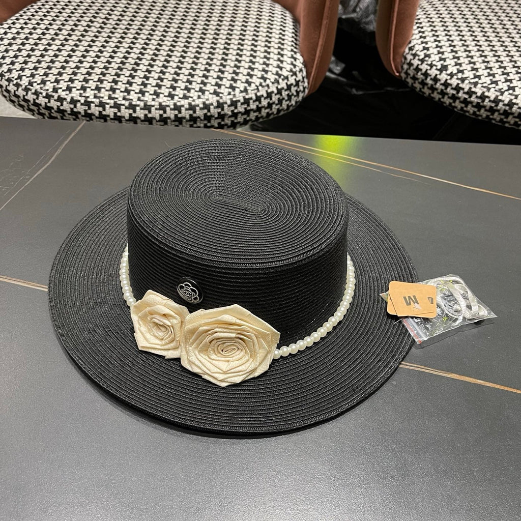 CHANEL 26S PEARL & ROSETTE STRAW BOATER HAT 337934