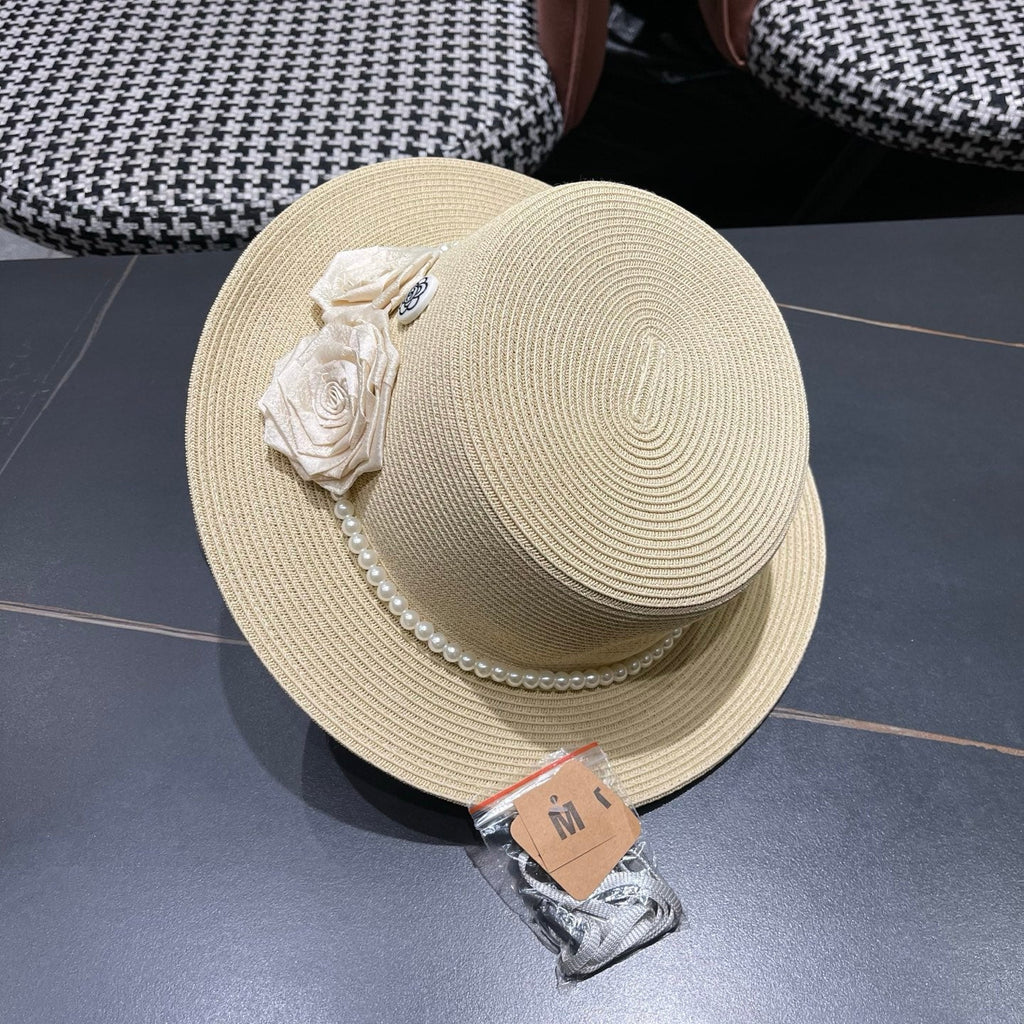 CHANEL 26S PEARL & ROSETTE STRAW BOATER HAT 337933
