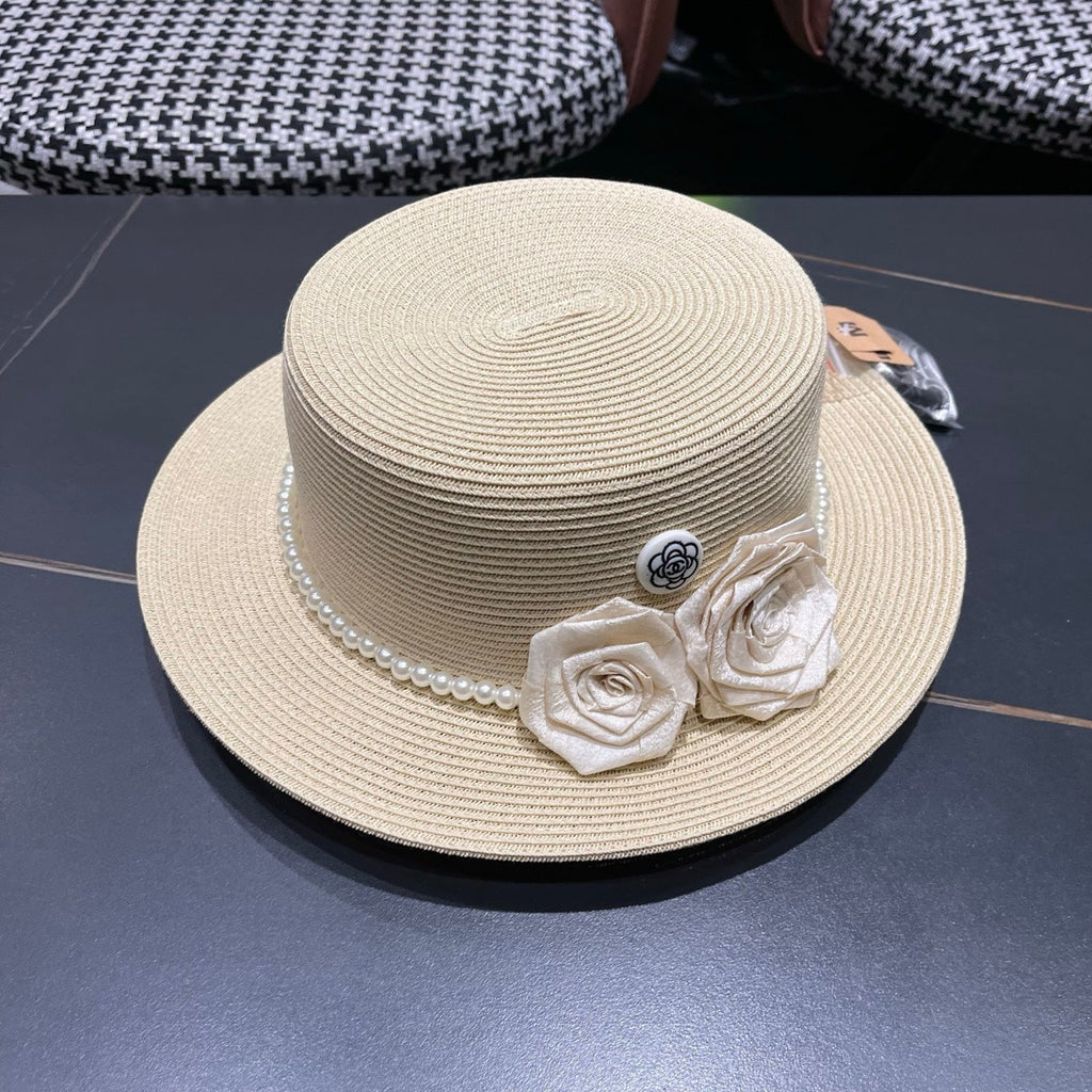 CHANEL 26S PEARL & ROSETTE STRAW BOATER HAT 337933