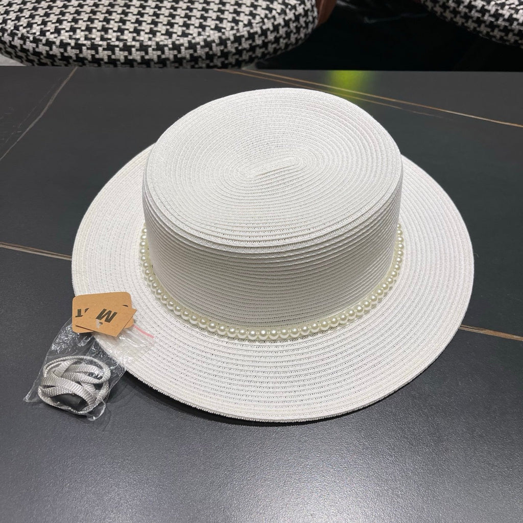 CHANEL 26S PEARL & ROSETTE STRAW BOATER HAT 337935