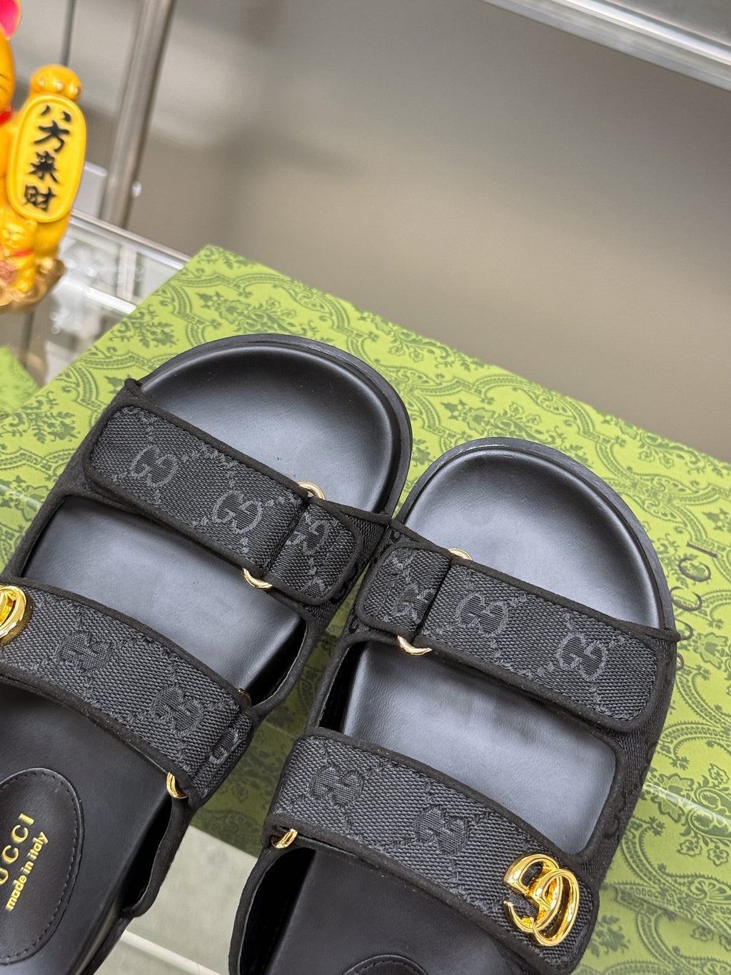 GG SANDALS IN BLACK FABRIC AND CALFSKIN WITH GOLD HARDWARE