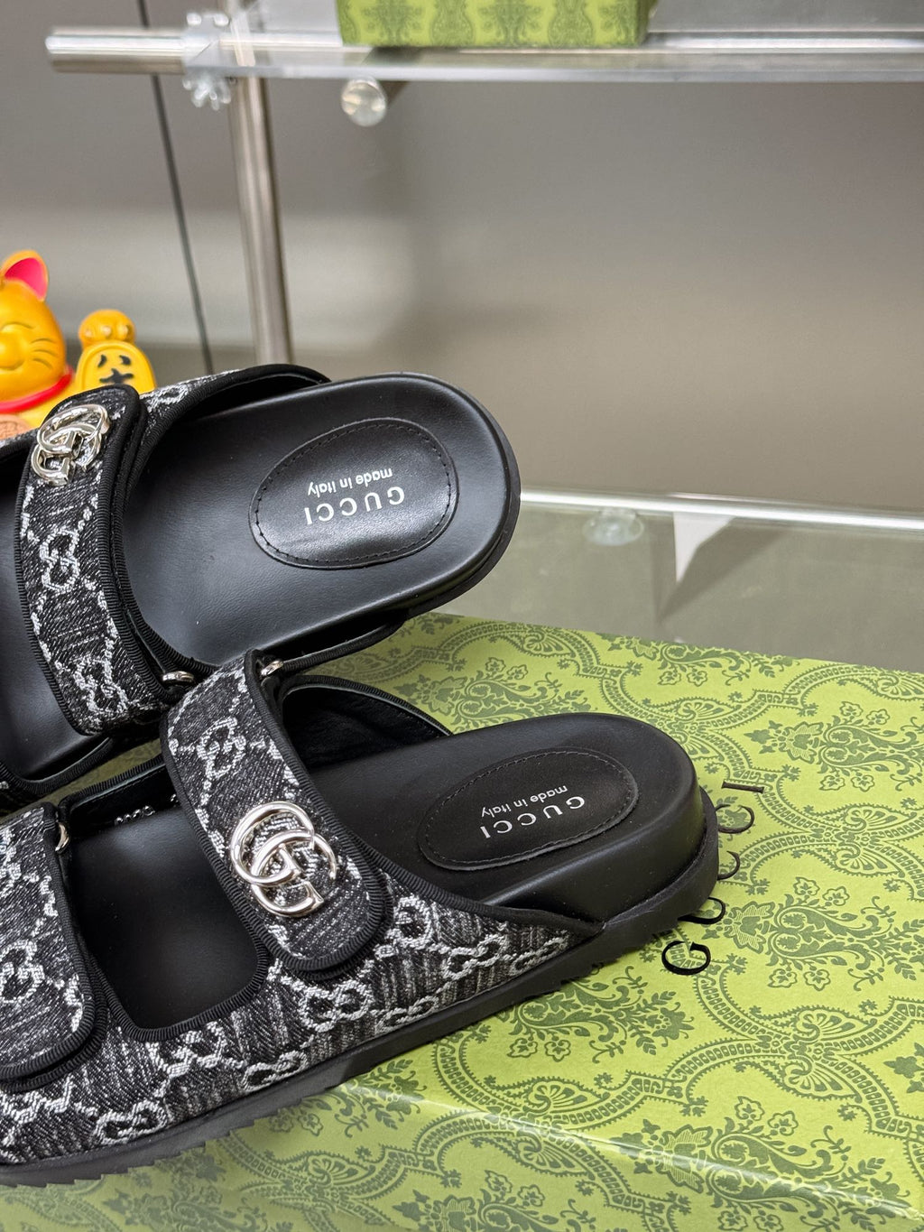 GG SANDALS IN BLACK FABRIC AND CALFSKIN WITH SILVER HARDWARE