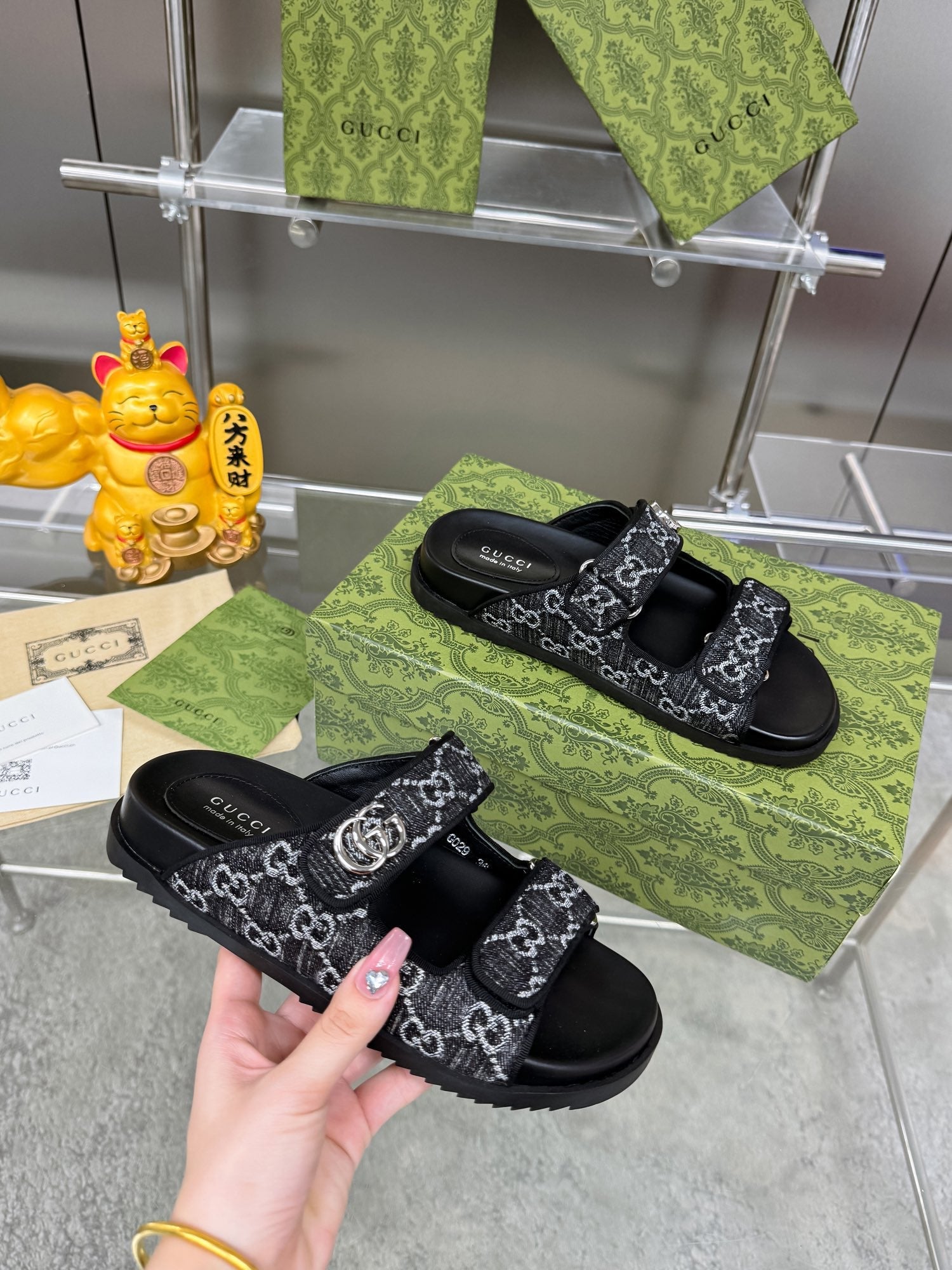 GG SANDALS IN BLACK FABRIC AND CALFSKIN WITH SILVER HARDWARE