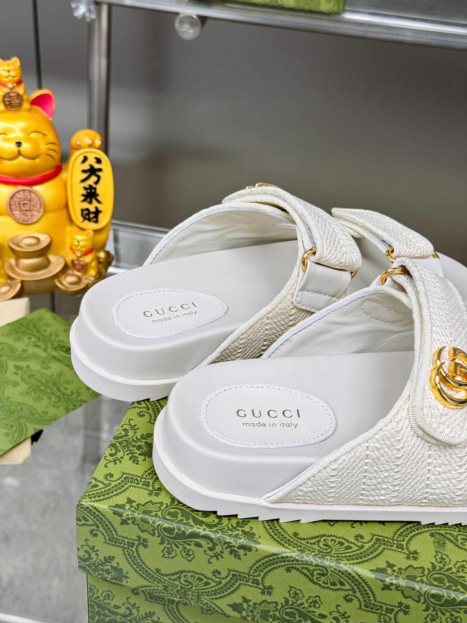GG SANDALS IN WHITE FABRIC AND CALFSKIN WITH GOLD HARDWARE