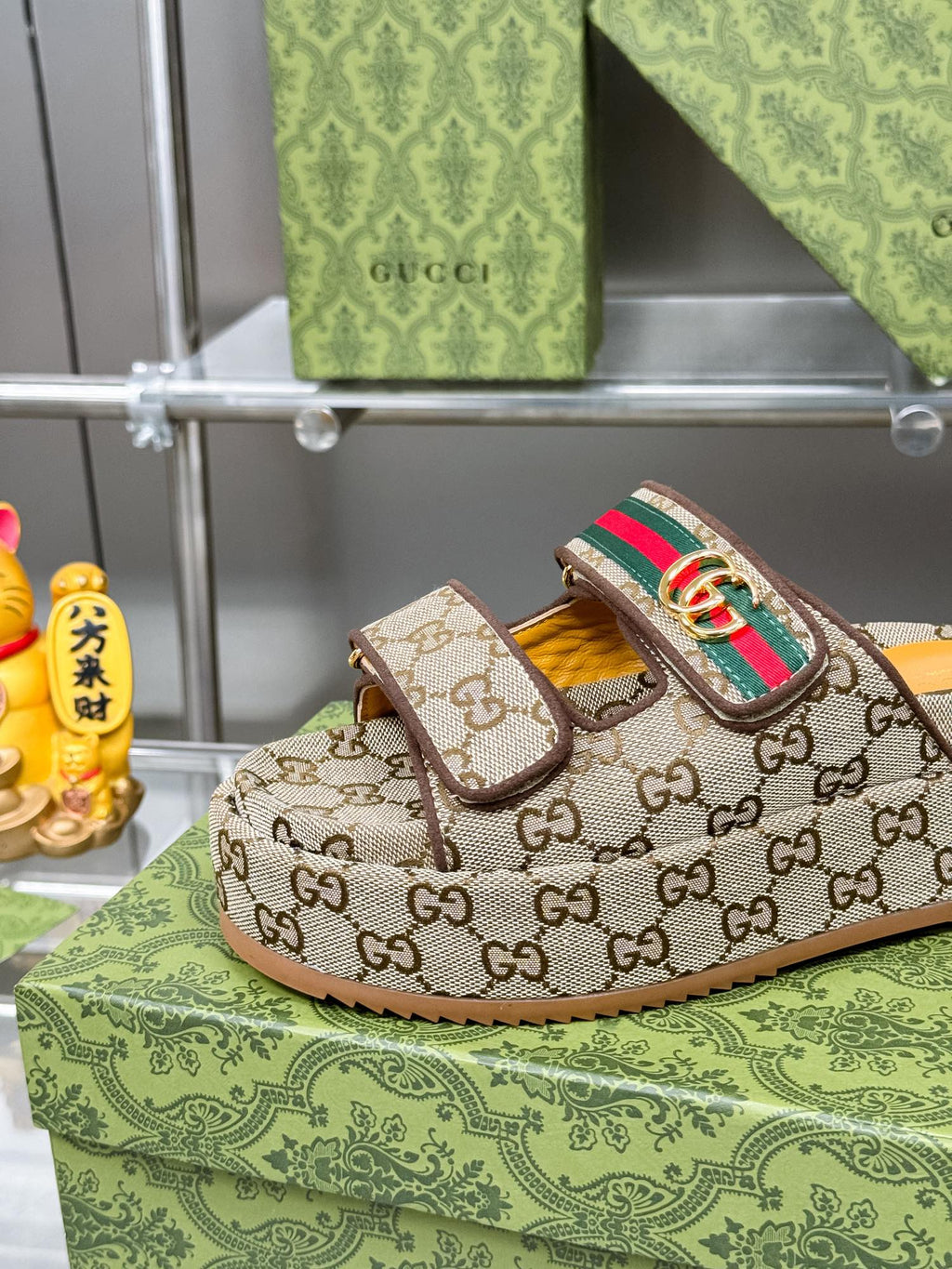 GG SANDALS 22 IN BEIGE FABRIC WITH GOLD HARDWARE