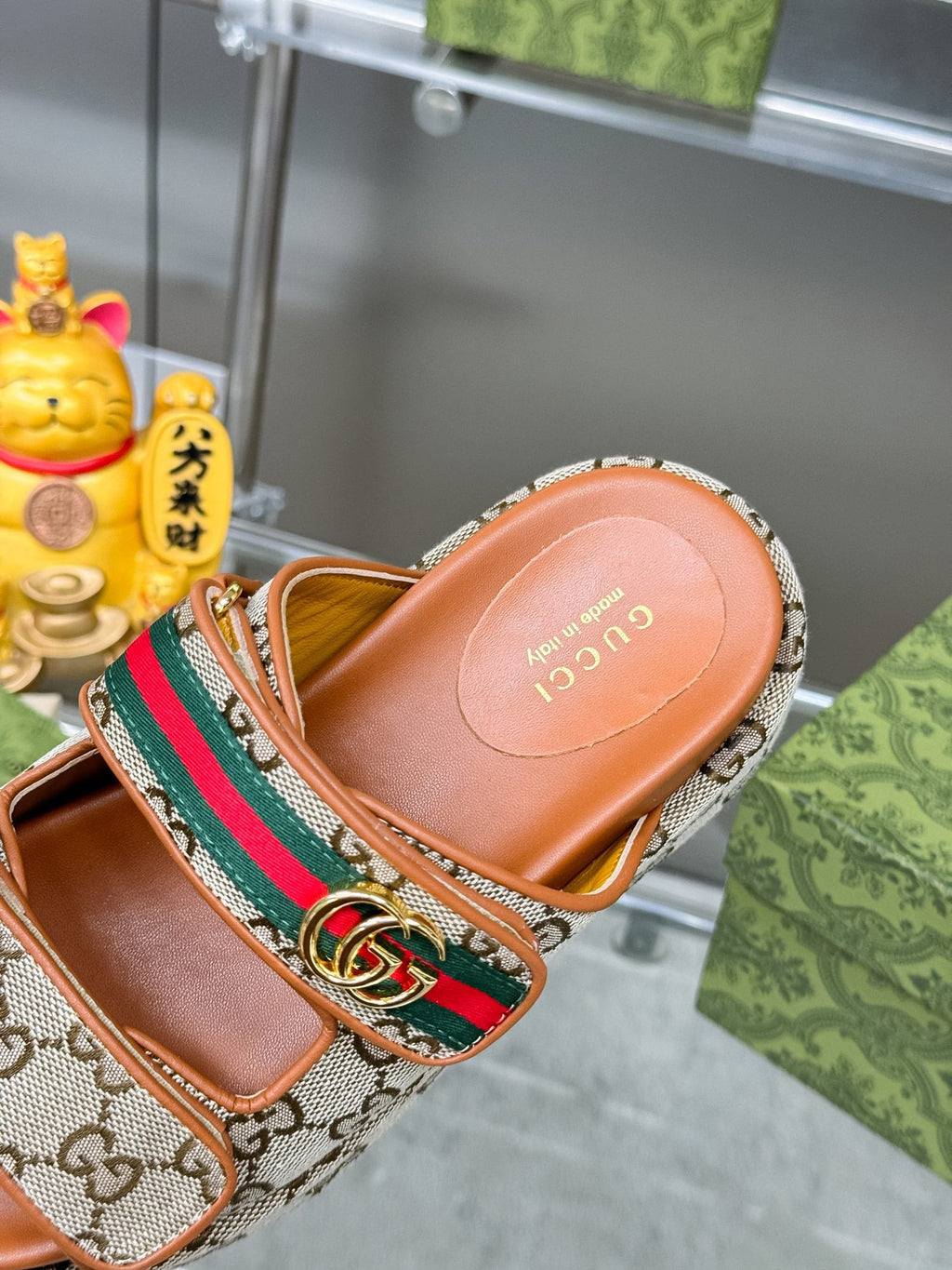 GG SANDALS 22 IN ORANGE CALFSKIN AND BEIGE FABRIC WITH GOLD HARDWARE