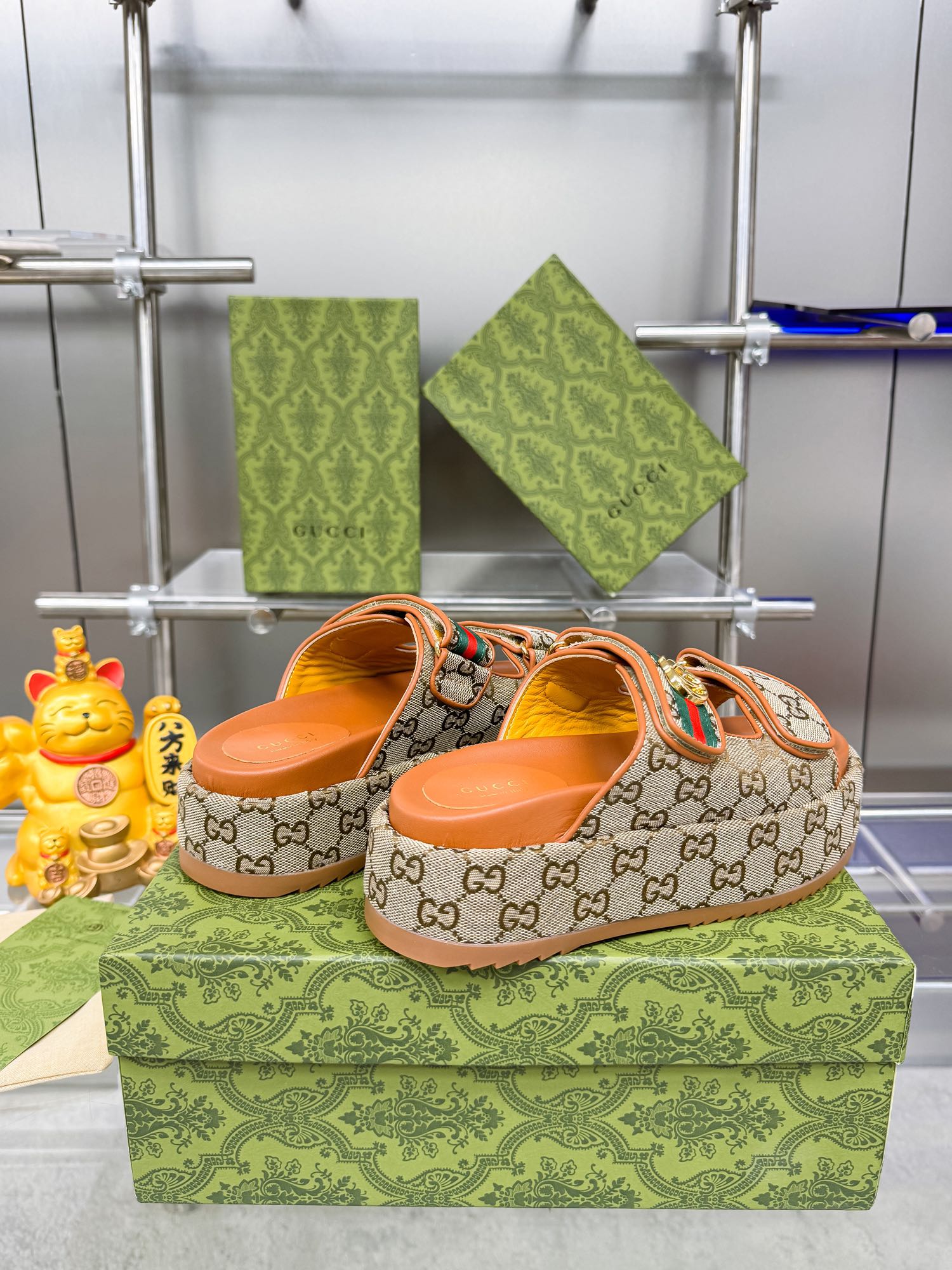 GG SANDALS 22 IN ORANGE CALFSKIN AND BEIGE FABRIC WITH GOLD HARDWARE