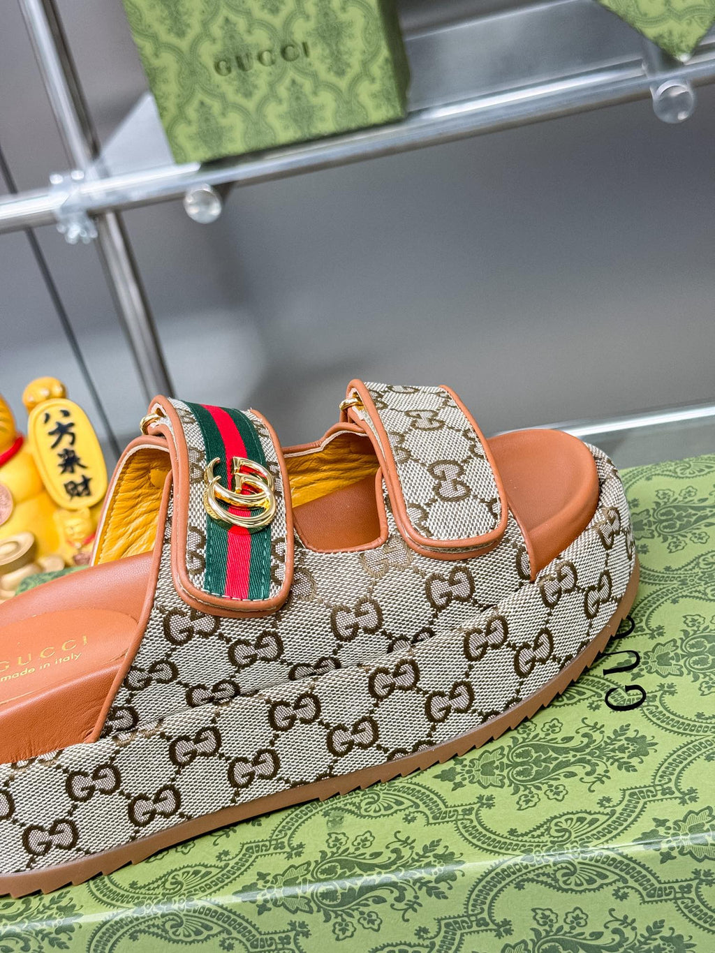GG SANDALS 22 IN ORANGE CALFSKIN AND BEIGE FABRIC WITH GOLD HARDWARE