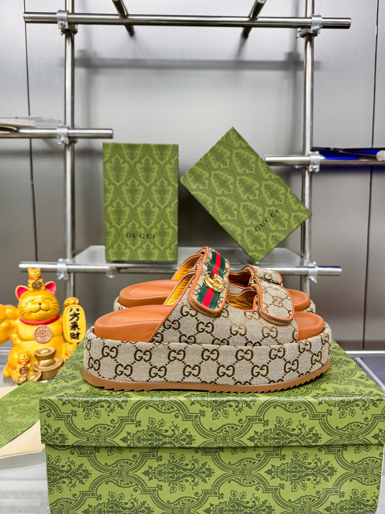 GG SANDALS 22 IN ORANGE CALFSKIN AND BEIGE FABRIC WITH GOLD HARDWARE