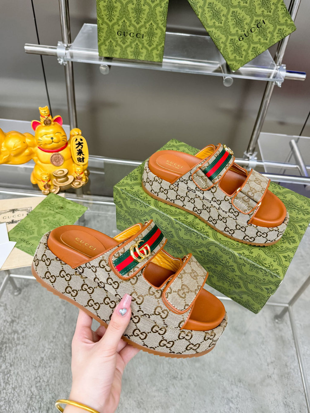 GG SANDALS 22 IN ORANGE CALFSKIN AND BEIGE FABRIC WITH GOLD HARDWARE
