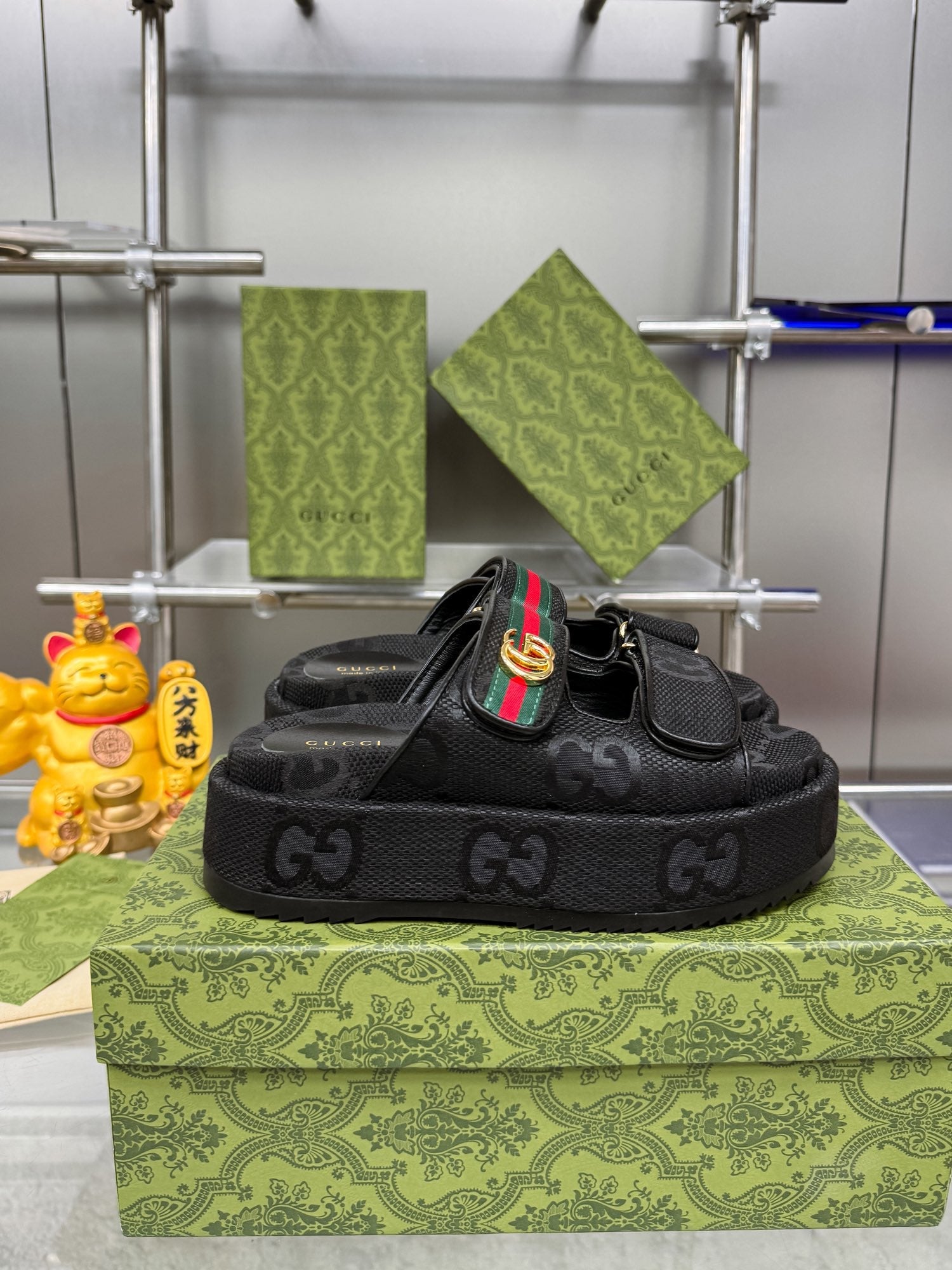 GG SANDALS 22 IN BLACK FABRIC WITH GOLD HARDWARE