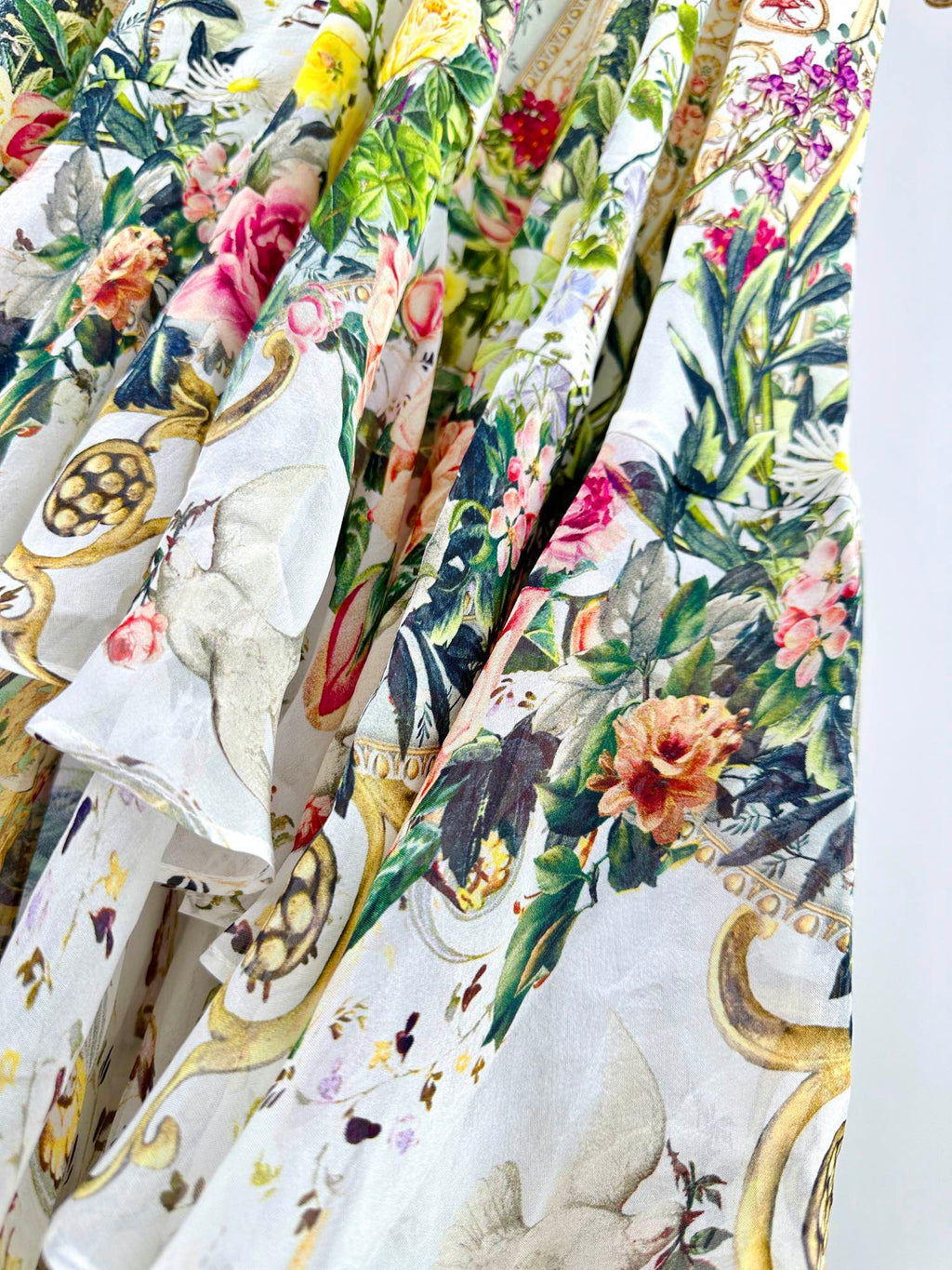 V-NECK LAYERED SILK PRINT MAXI DRESS