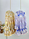 HIGH-NECK LONG-SLEEVE PRINTED DRESS IN PURPLE AND YELLOW