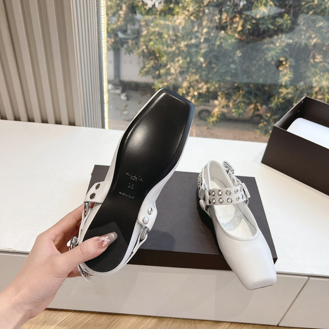 ALAIA 26S FLATS IN WHITE CALFSKIN WITH SILVER STUD STRAP